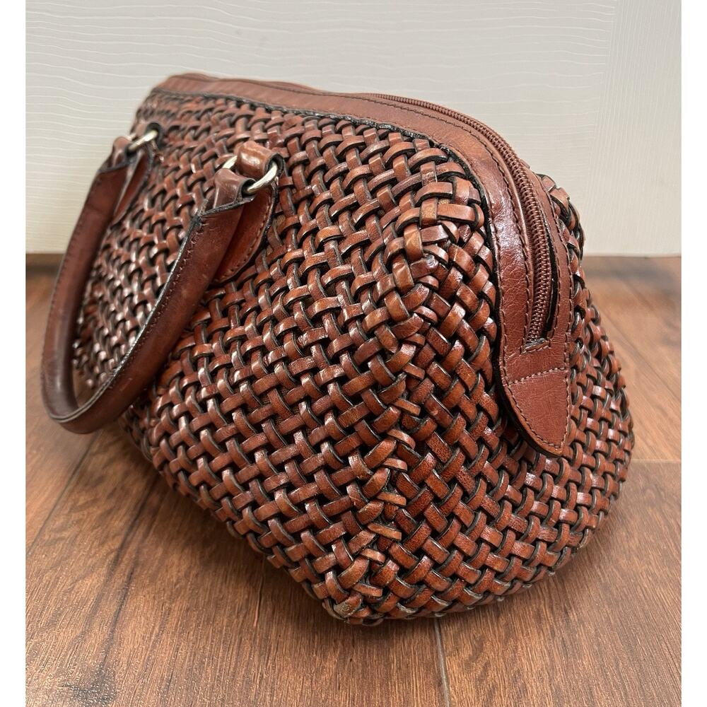 TALBOTS Vintage Brown Leather Woven Zip Top Handle Doctor's Bag Purse Satchel - Picture 7 of 15
